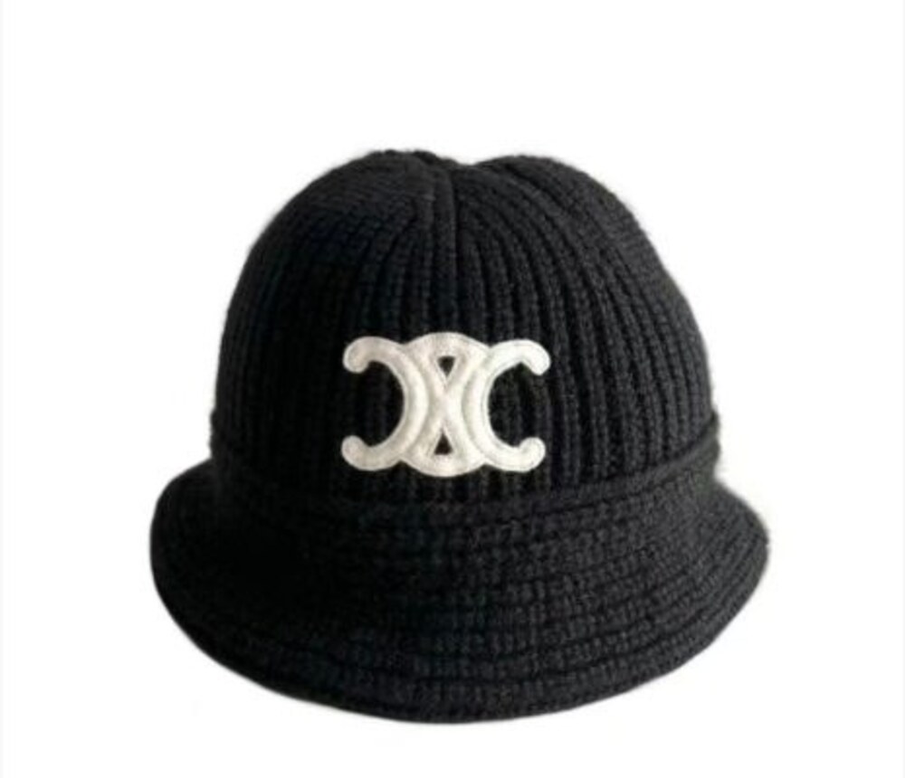 Celine Triomphe Ribbed Knit Bucket Beanie in Black